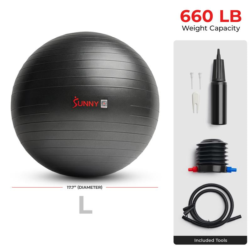 Sunny Health & Fitness Yoga Ball, Home Gym Workout Fitness, Core Balance & Stability Trainer, Anti-Burst, 660 Lbs Capacity, Anti-Slip Odorless Material, Air Pump Included
