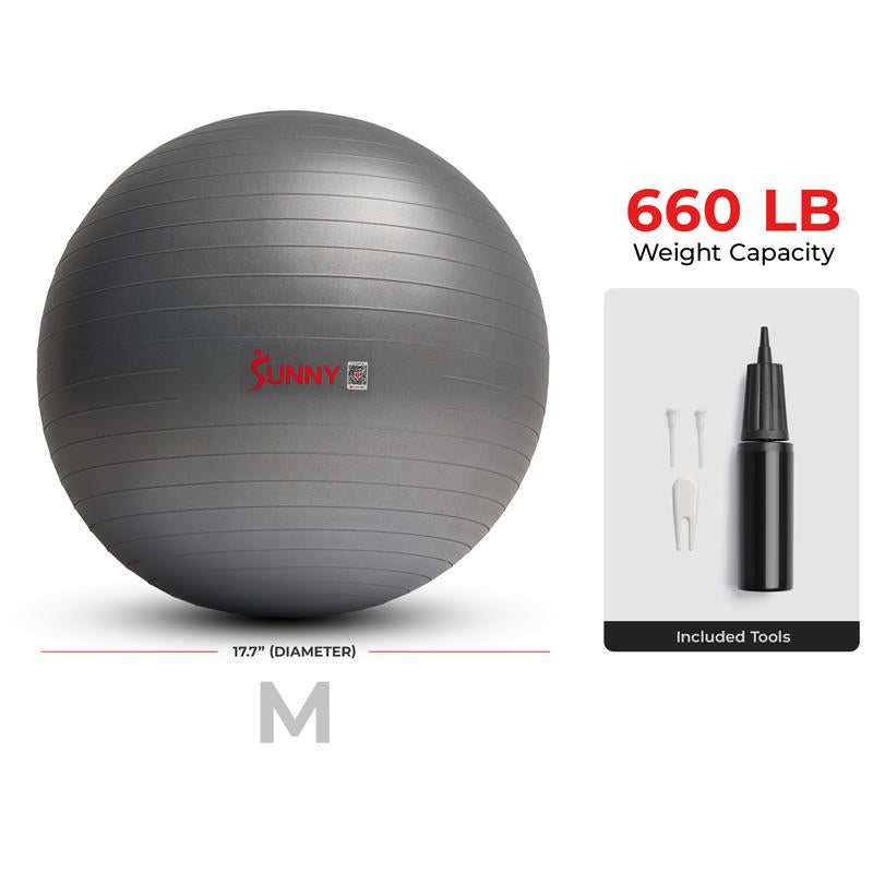 Sunny Health & Fitness Yoga Ball, Home Gym Workout Fitness, Core Balance & Stability Trainer, Anti-Burst, 660 Lbs Capacity, Anti-Slip Odorless Material, Air Pump Included