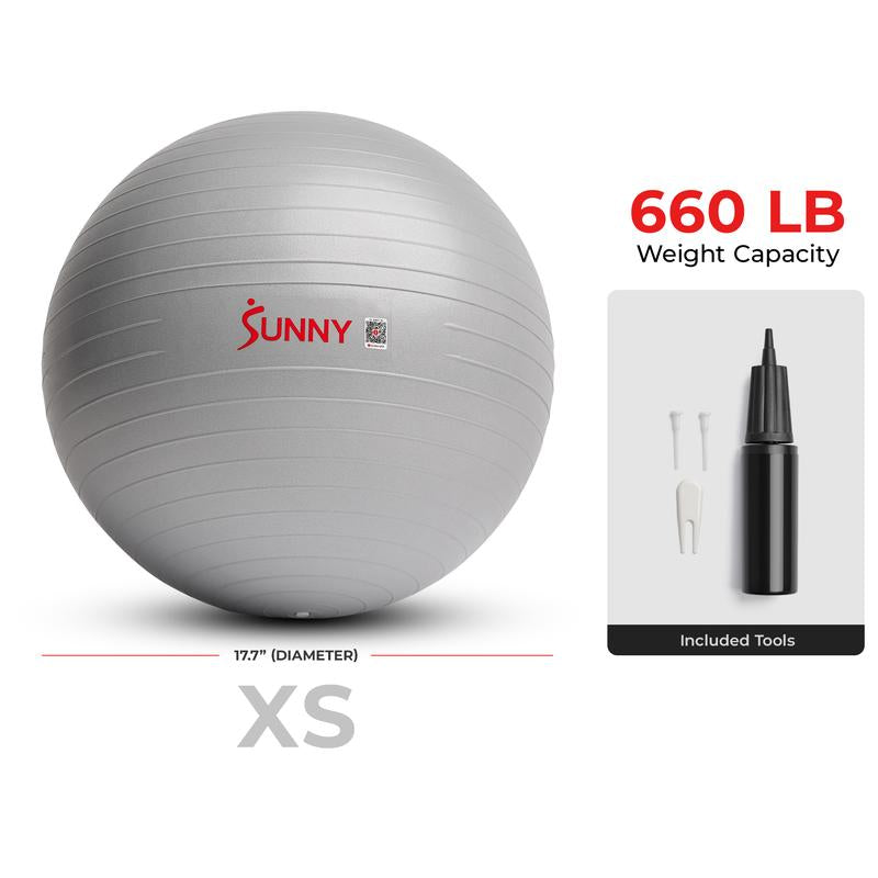 Sunny Health & Fitness Yoga Ball, Home Gym Workout Fitness, Core Balance & Stability Trainer, Anti-Burst, 660 Lbs Capacity, Anti-Slip Odorless Material, Air Pump Included