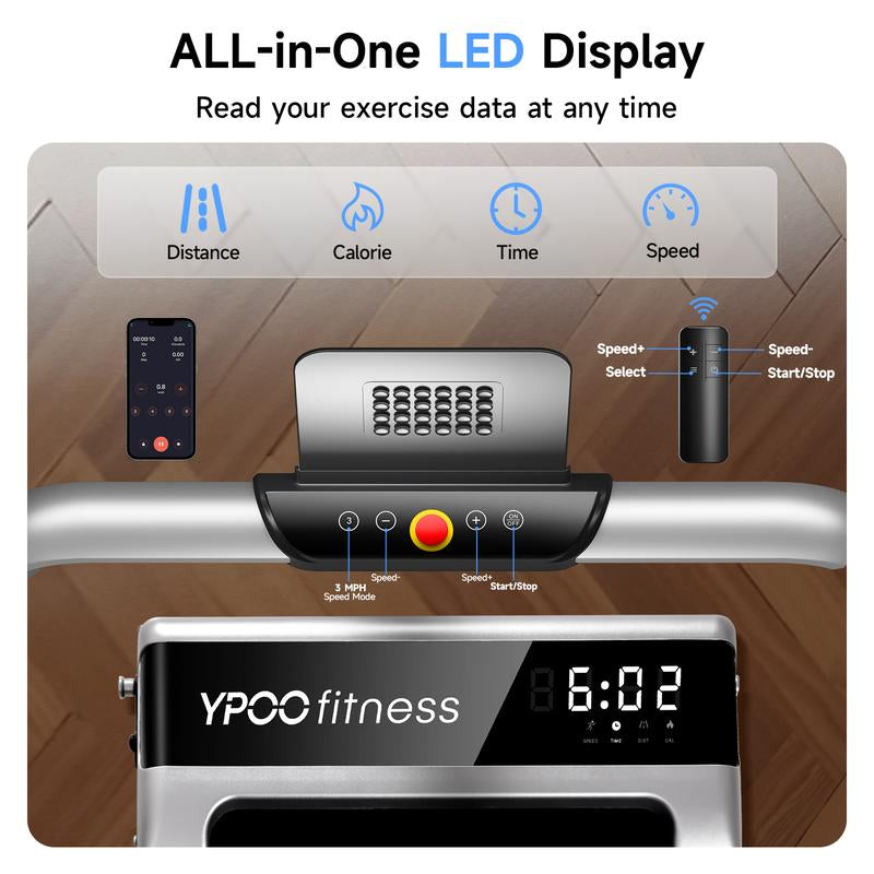 Ypoo Fitness Portable Treadmill 2-In-1 under Desk Walking Pad Treadmills with Manual Incline – Walking & Running for Home and Office Colorful Handrail Display Remote Control Foldin