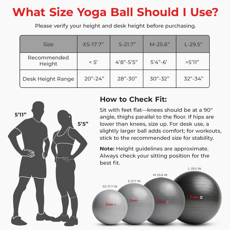 Sunny Health & Fitness Yoga Ball, Home Gym Workout Fitness, Core Balance & Stability Trainer, Anti-Burst, 660 Lbs Capacity, Anti-Slip Odorless Material, Air Pump Included
