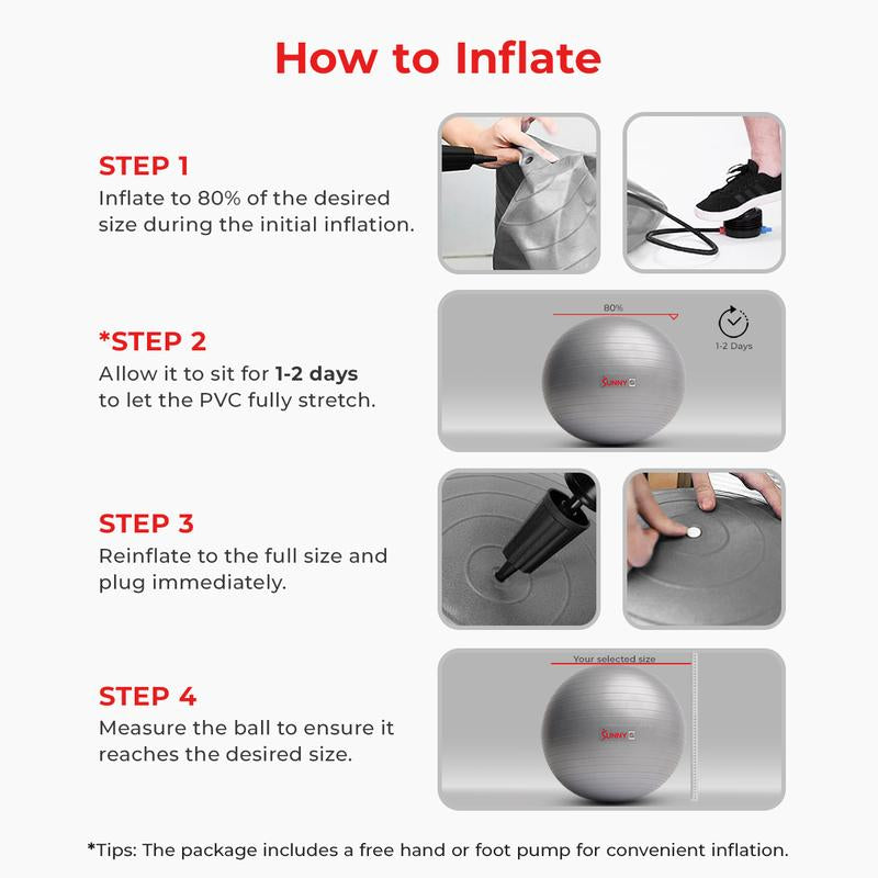 Sunny Health & Fitness Yoga Ball, Home Gym Workout Fitness, Core Balance & Stability Trainer, Anti-Burst, 660 Lbs Capacity, Anti-Slip Odorless Material, Air Pump Included