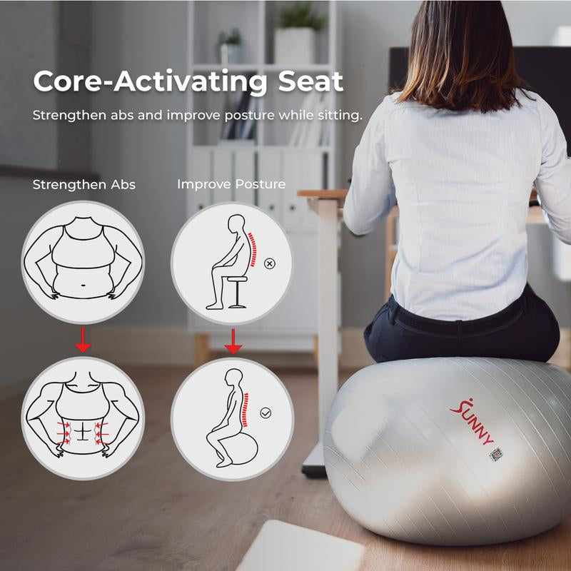Sunny Health & Fitness Yoga Ball, Home Gym Workout Fitness, Core Balance & Stability Trainer, Anti-Burst, 660 Lbs Capacity, Anti-Slip Odorless Material, Air Pump Included