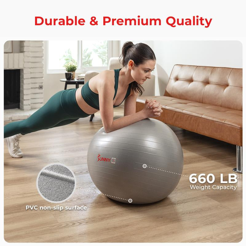 Sunny Health & Fitness Yoga Ball, Home Gym Workout Fitness, Core Balance & Stability Trainer, Anti-Burst, 660 Lbs Capacity, Anti-Slip Odorless Material, Air Pump Included