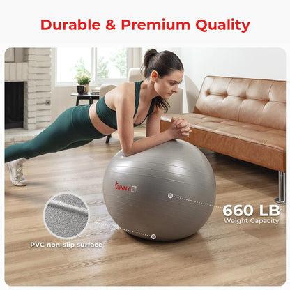 Sunny Health & Fitness Yoga Ball, Home Gym Workout Fitness, Core Balance & Stability Trainer, Anti-Burst, 660 Lbs Capacity, Anti-Slip Odorless Material, Air Pump Included